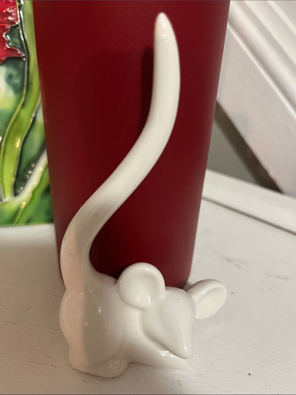 White Ceramic Mouse Figurine with Long Tail
